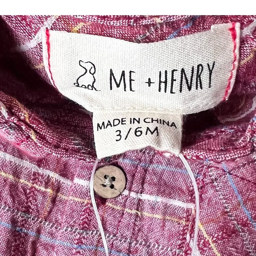 Me & Henry Infant Bodysuit Baby Boy 3-6M Red Brown Plaid Woven 3 Button Shirtzie